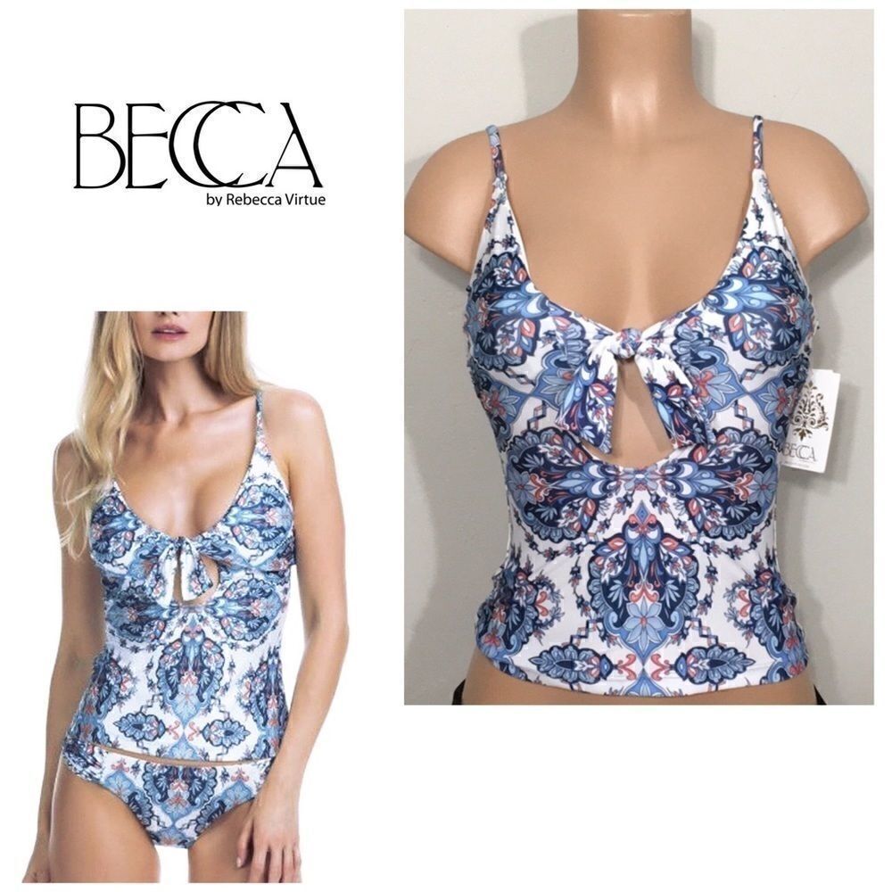 BECCA blue & white tankini top. NWT